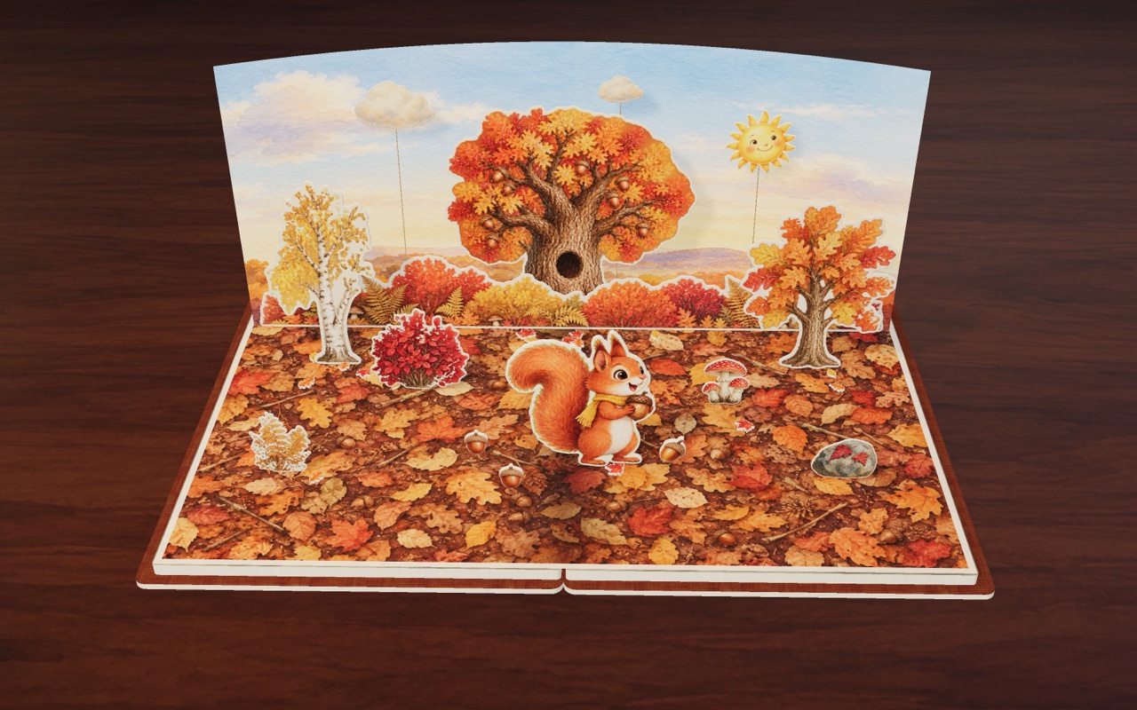 Nutty the squirrel in the autumn oak forest.
