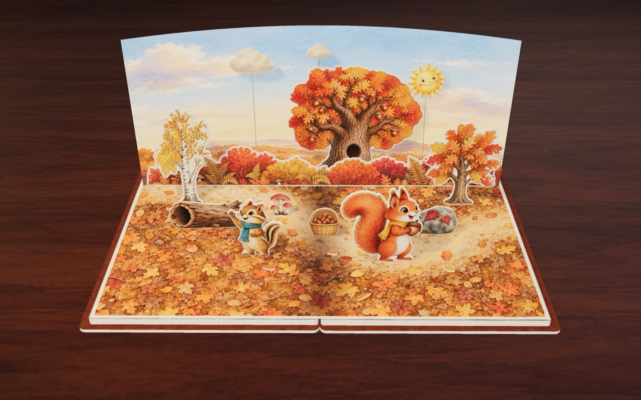 Nutty and Chip gather acorns together.