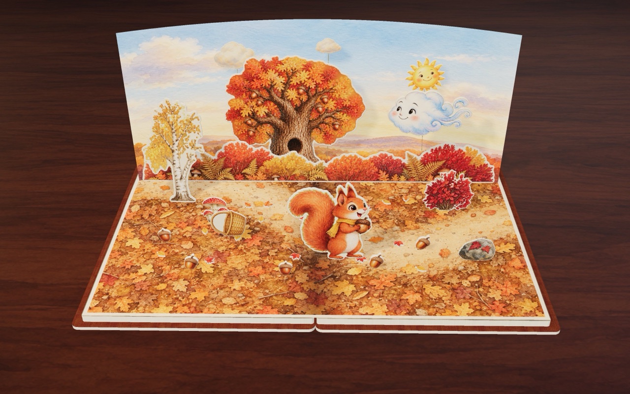 The Wind blows and Nutty’s acorns scatter in Squirrel Gathers Acorns.