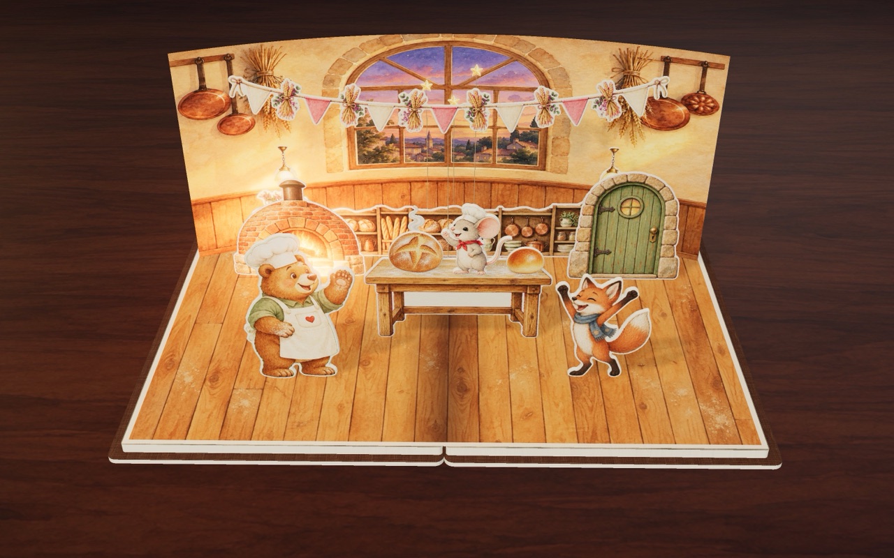 Bear, Crumb and Fox share warm bread in the evening.