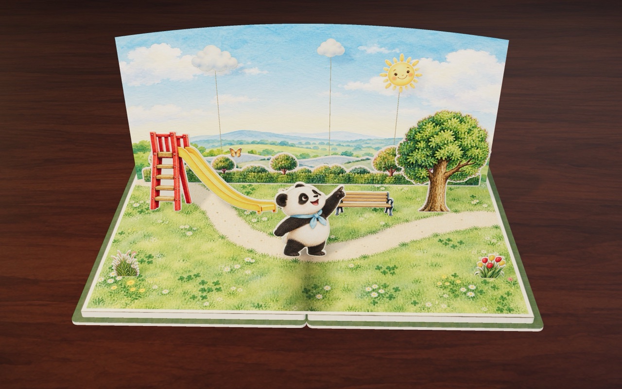 Bao looks up at the smiling sun on a sunny playground.