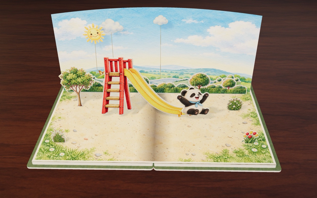 Bao the little panda slides down the yellow slide in Up, Up, Bao!
