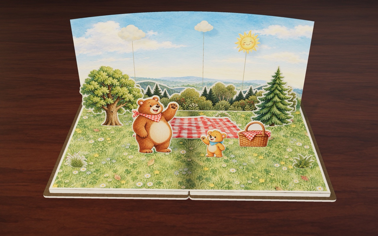 Big Bear and Small Bear wave hello at a forest picnic.