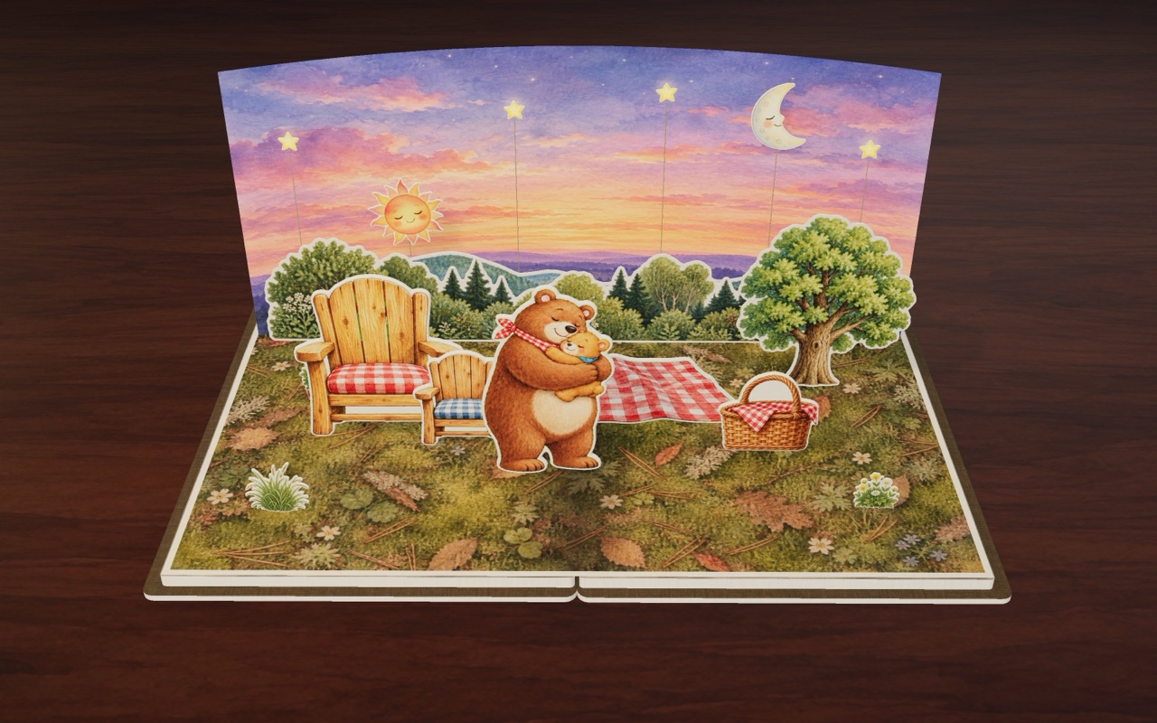 At sunset, Big Bear gives Small Bear a big hug.