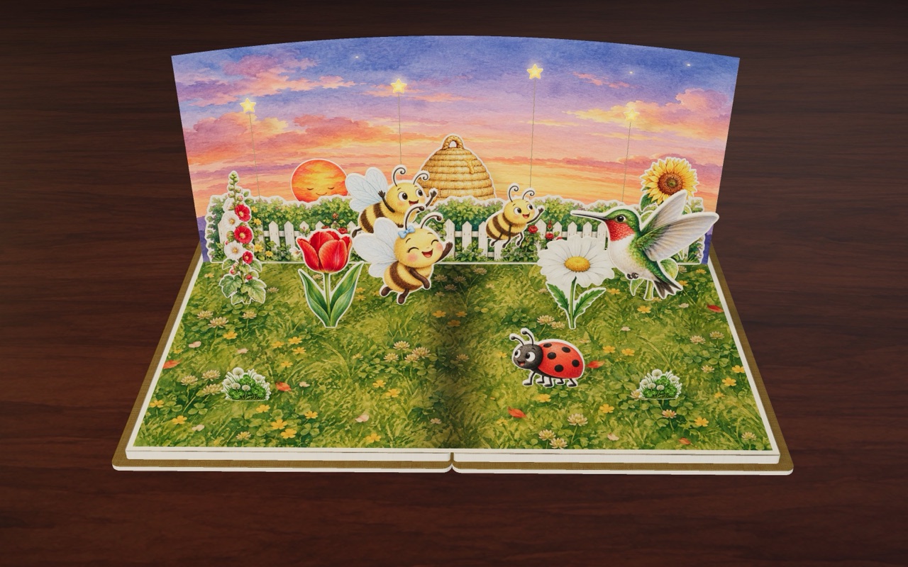 Home at sunset in Busy Little Bee: the hive bees come out to cheer for Bea, Spot and Hum.