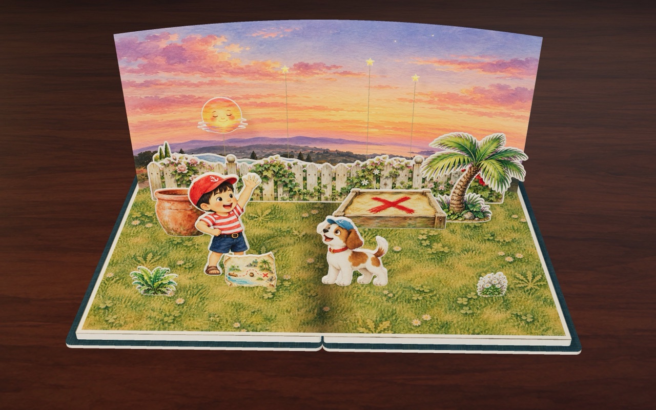 At sunset, Tom and Dog in their caps find a new map in Tom’s Map.