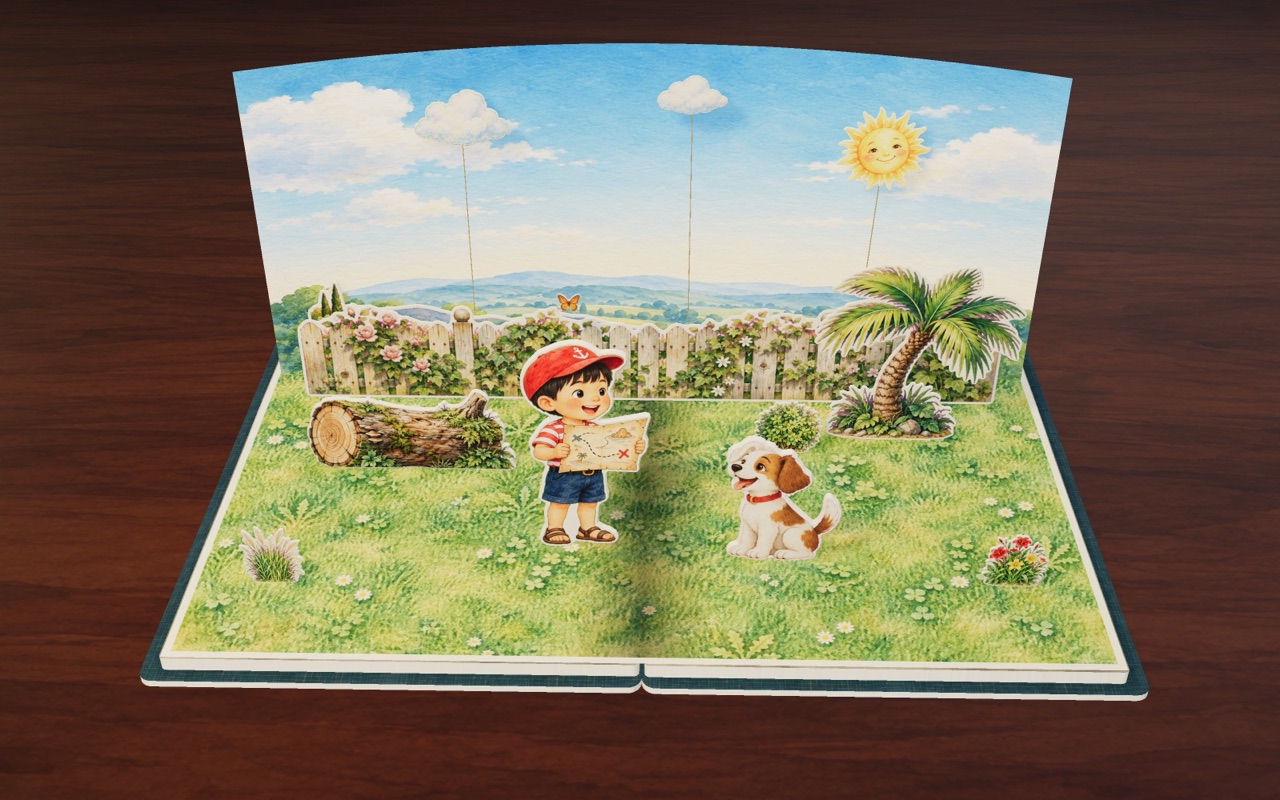 Tom has a map and a red cap, and his little dog is next to him.