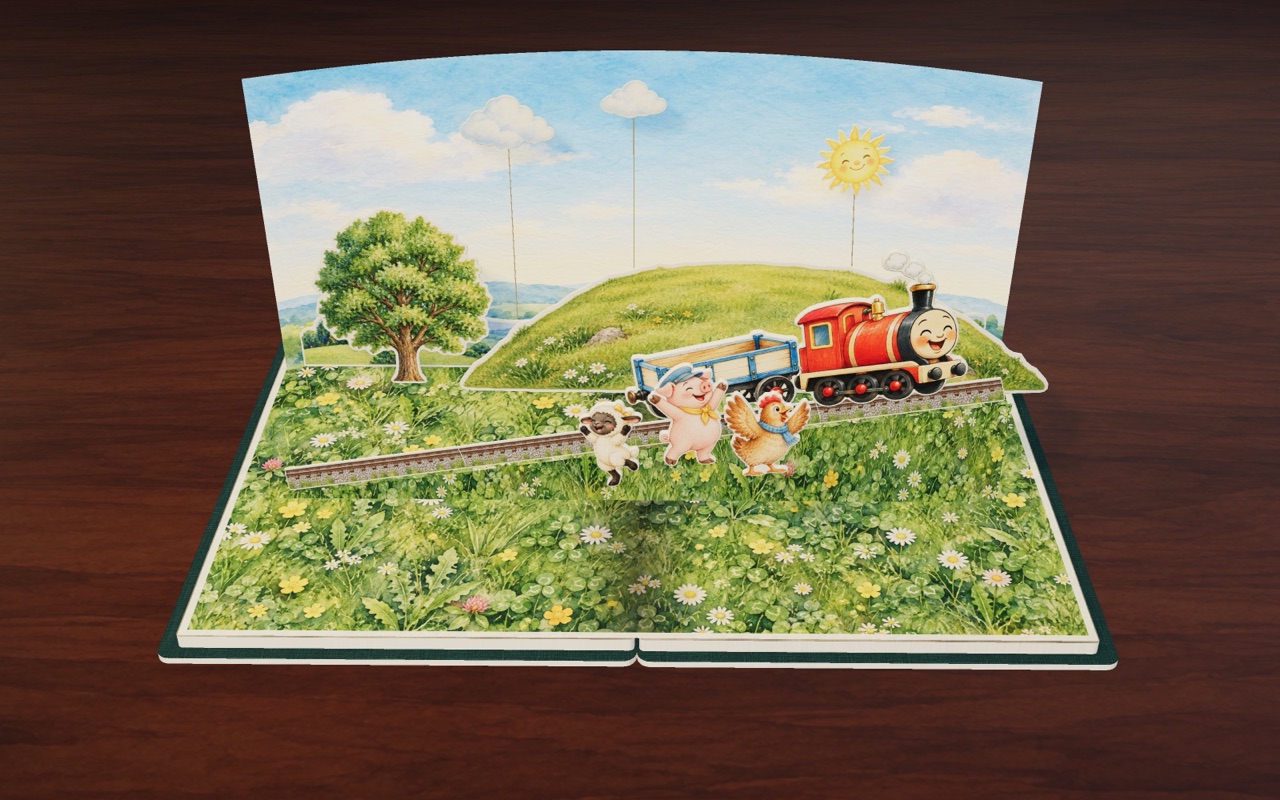 Hen, Pig and Lamb push Tuck the little train up the big hill.