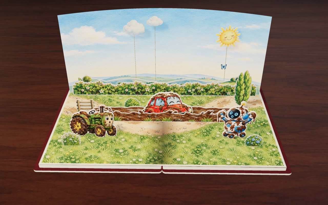 Rusty splashes into a big mud puddle and mud flies onto Tractor and Robot, in Clean Car, Dirty Car.