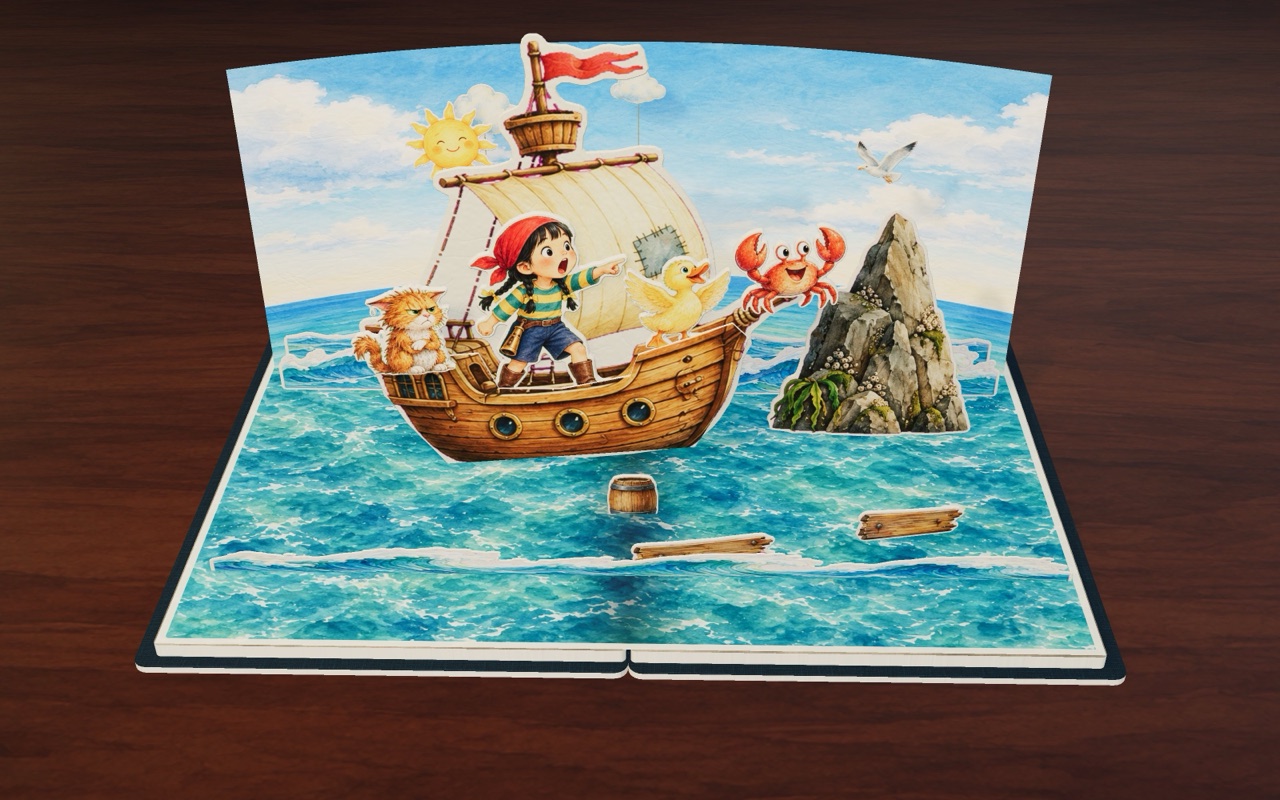 CRASH! The little ship hits the big rock and bits fly into the sea.