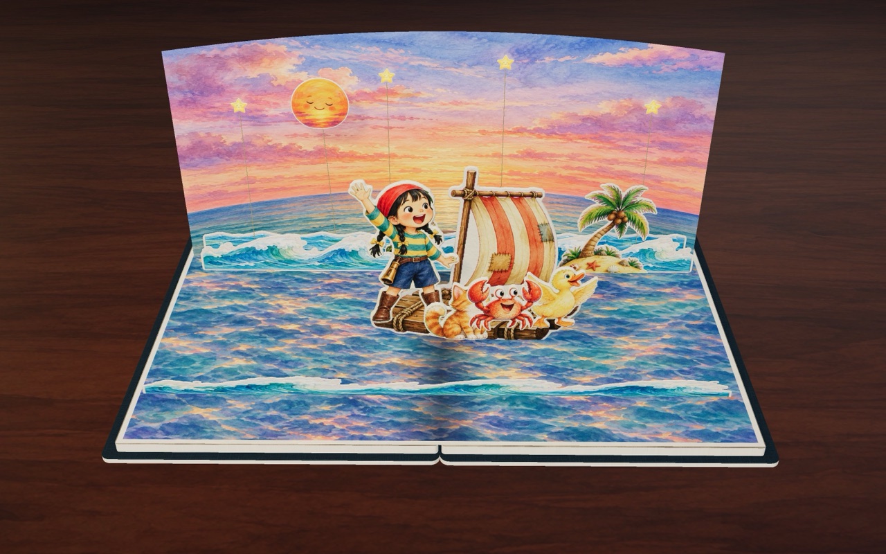 At sunset the crew sails off on a raft with a striped rag sail.