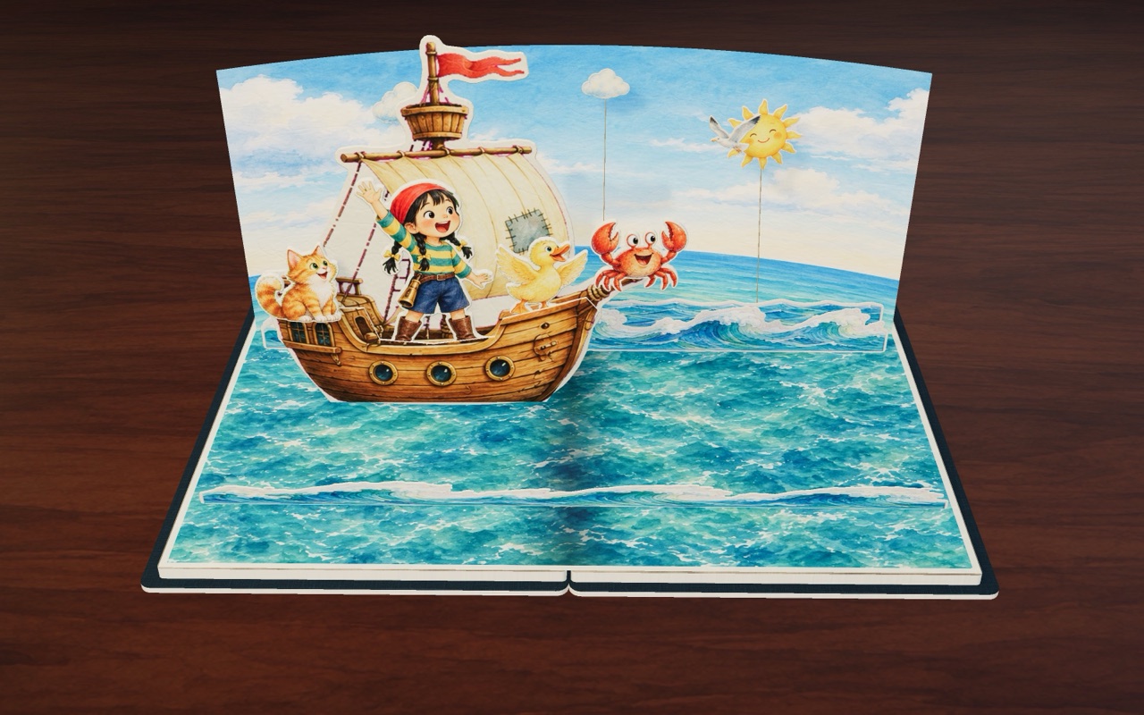 Captain Kit on her little pirate ship with a crab, a cat and a duck.