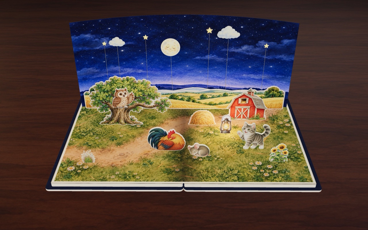 Bye, day! Hi, night! The rooster, the mouse, the owl and the cat wave at dusk.