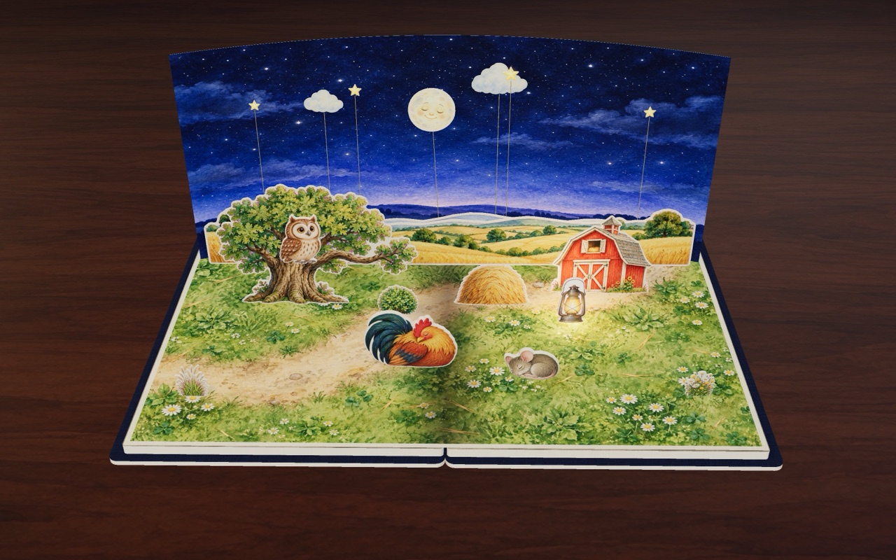 The moon comes up over the farm and the big oak tree in Day and Night.