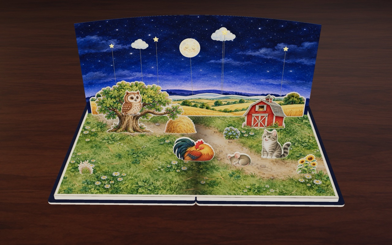 At night the owl wakes up in the big oak tree.