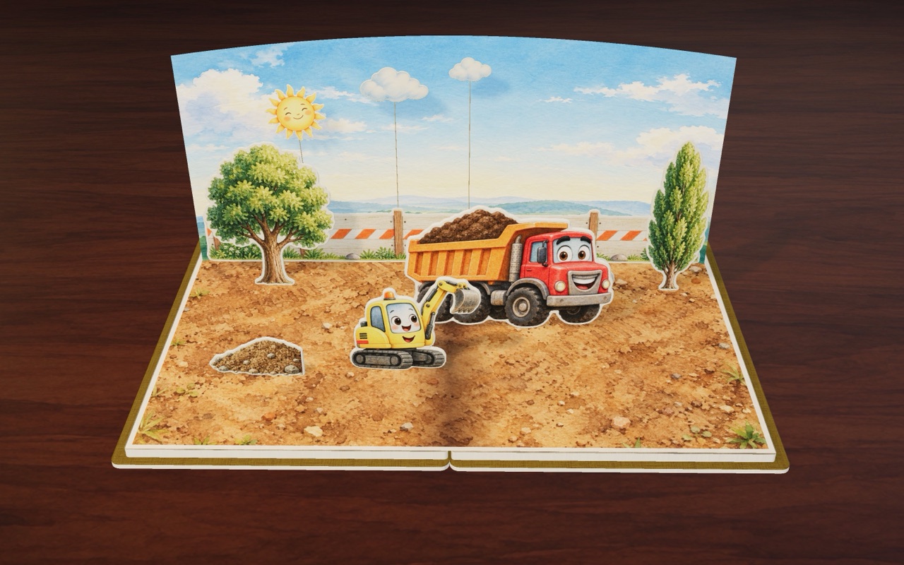 Little Digger dumps a bucket of dirt into Big Truck in Dig, Little Digger!