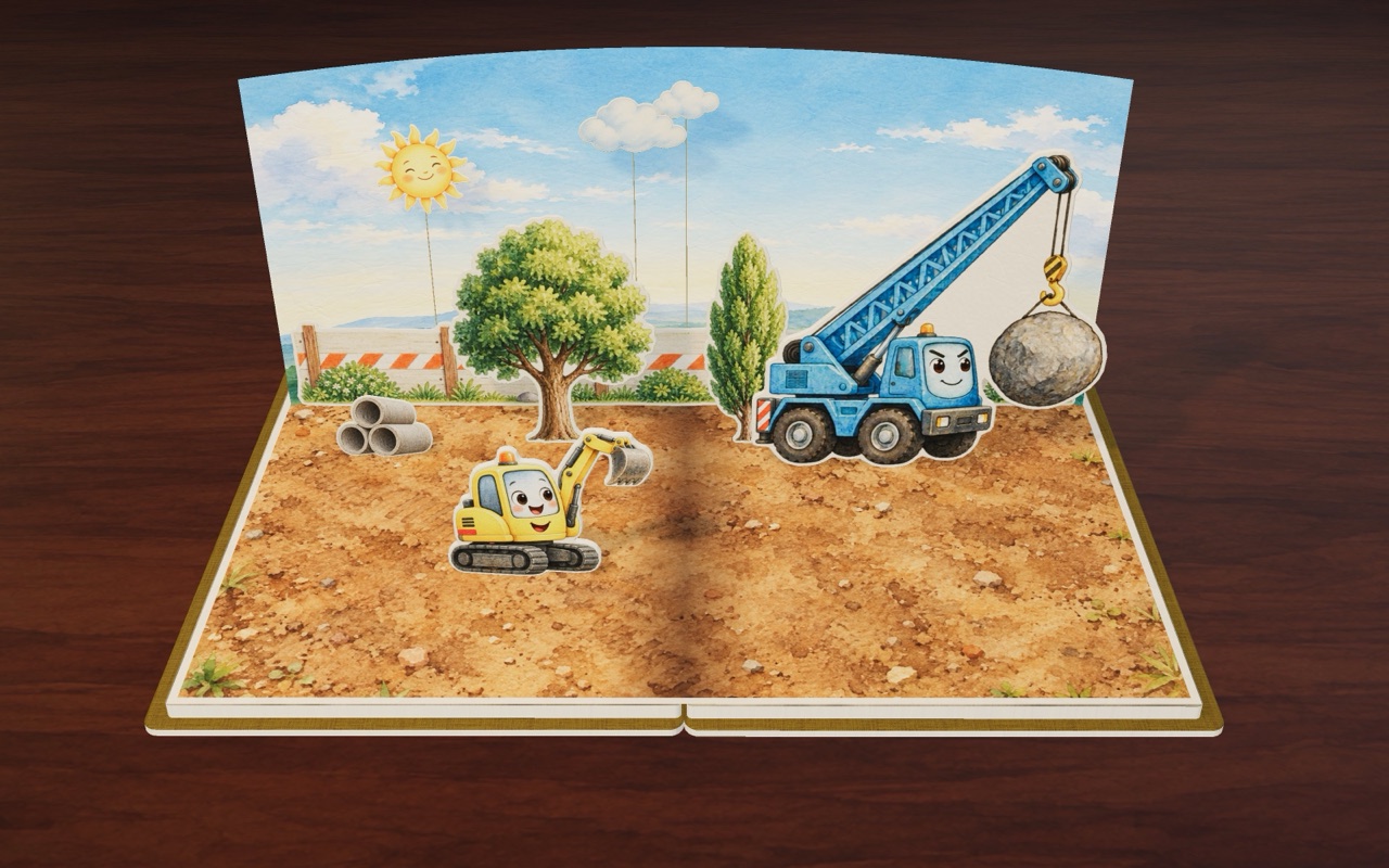 Crane and Little Digger work together to move the big rock.