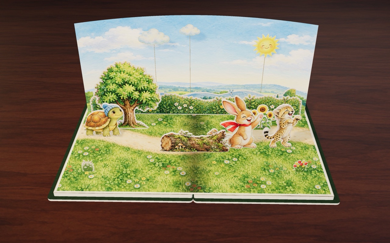 The rabbit and the cheetah cub jump fast over a mossy log in Fast Rabbit, Slow Turtle.