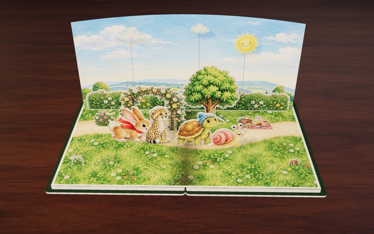 A rabbit, a cheetah cub, a turtle and a snail line up under a rose arch.