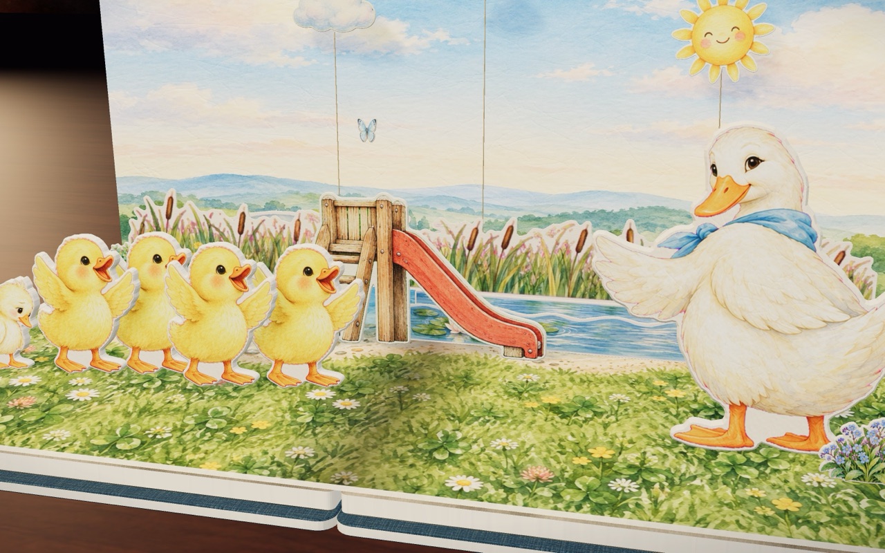 Four yellow ducklings and Mama Duck wait by a little red slide at the pond in Who Is First?