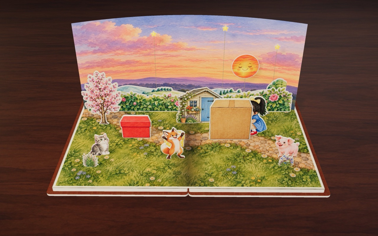 At sunset it is Fox’s turn to find Mei, and she hides behind the big box.