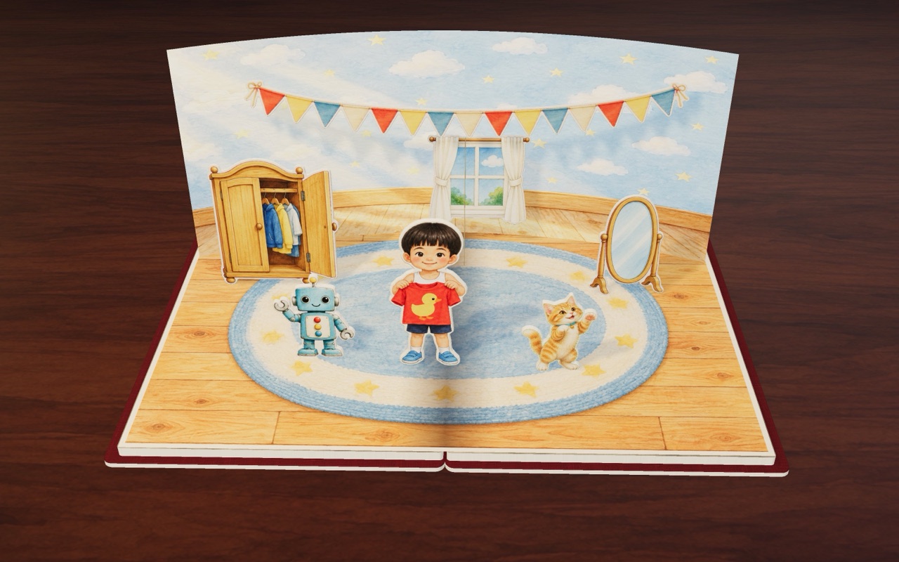Kai holds up his red shirt with a yellow duck on the front, in his sunny bedroom.