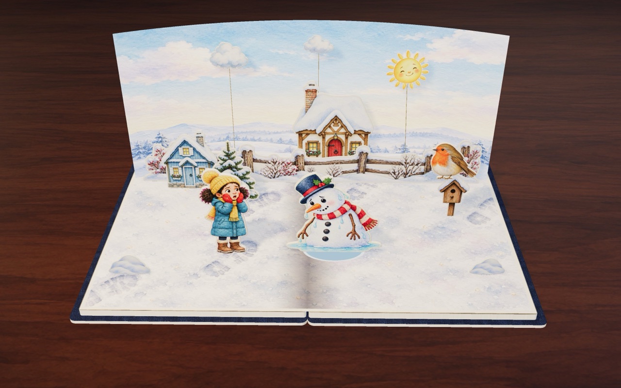 Frosty the snowman starts to melt in the sun while Mia worries in Frosty Wants to Play.