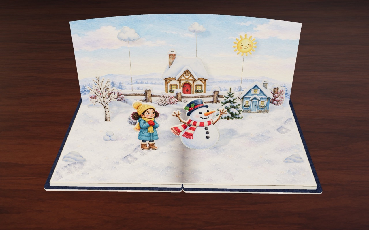 Mia and Frosty in the snowy village.
