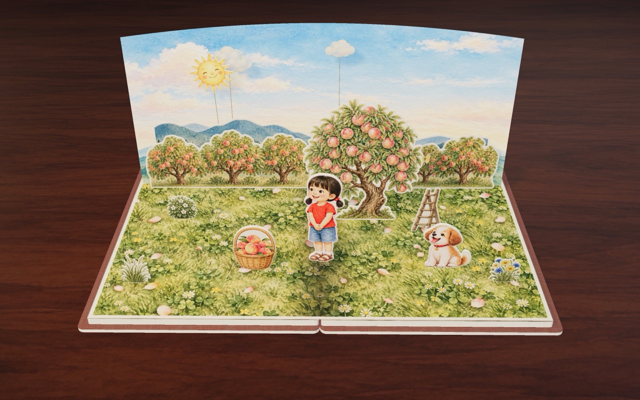 Nini picks peaches from a big peach tree, and her basket fills up.