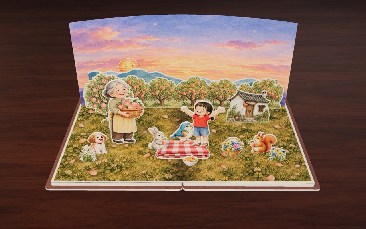 At sunset, Grandma, Nini and their friends share a picnic with two full baskets.