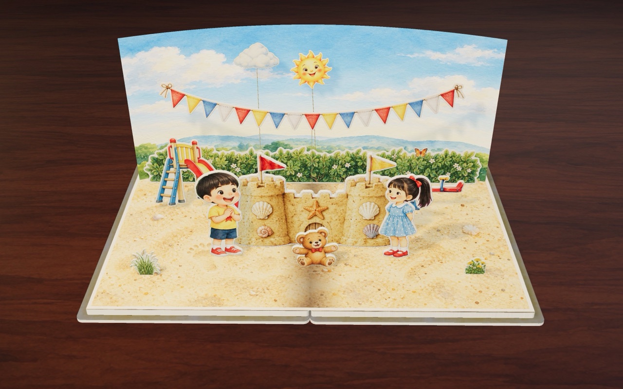 Happy Tao, happy Lin and happy Teddy by their big sand castle.