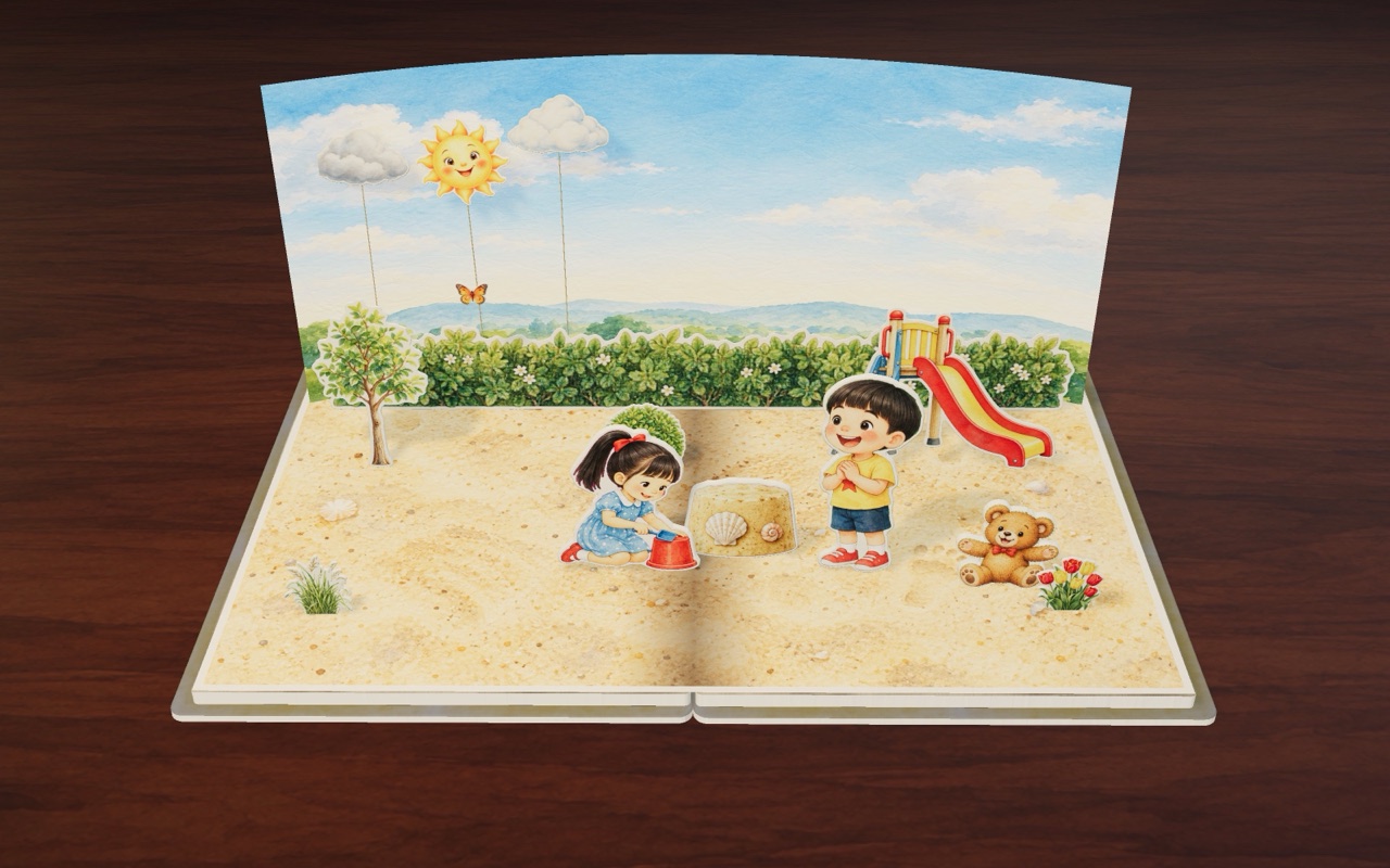 Lin helps Tao build the sand tower again in Happy Face, Sad Face.