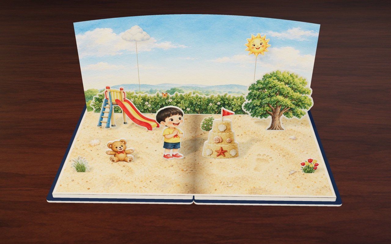 Tao is happy, building a sand tower in the sunny sandbox.