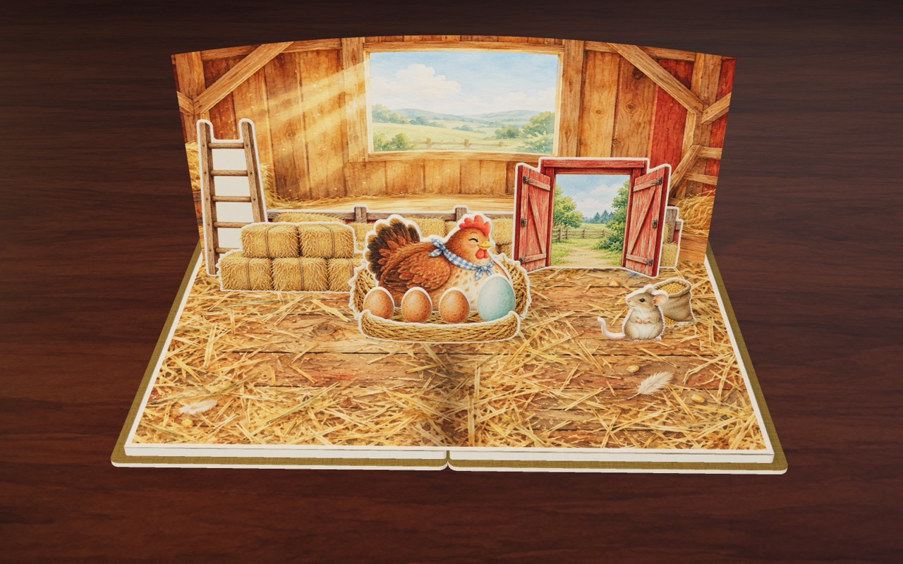 Henny the hen on her nest of eggs in the cozy barn.