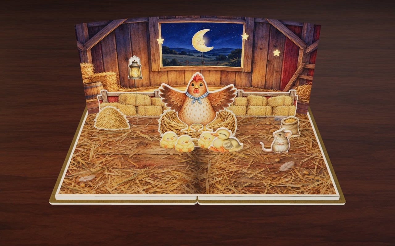 Night in the barn: Henny cuddles her four little ones under the moon.