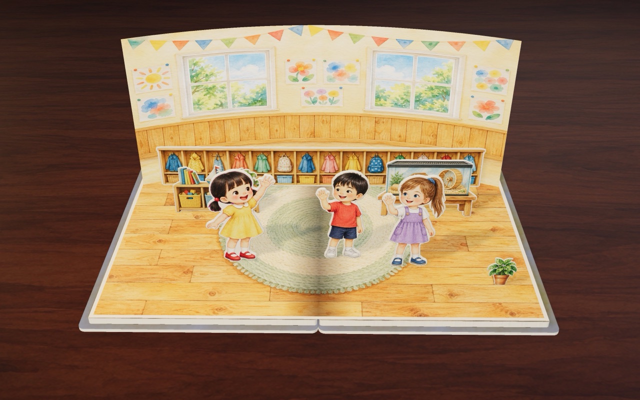Lily says hello to her new friends Jun and Amy in the bright classroom.