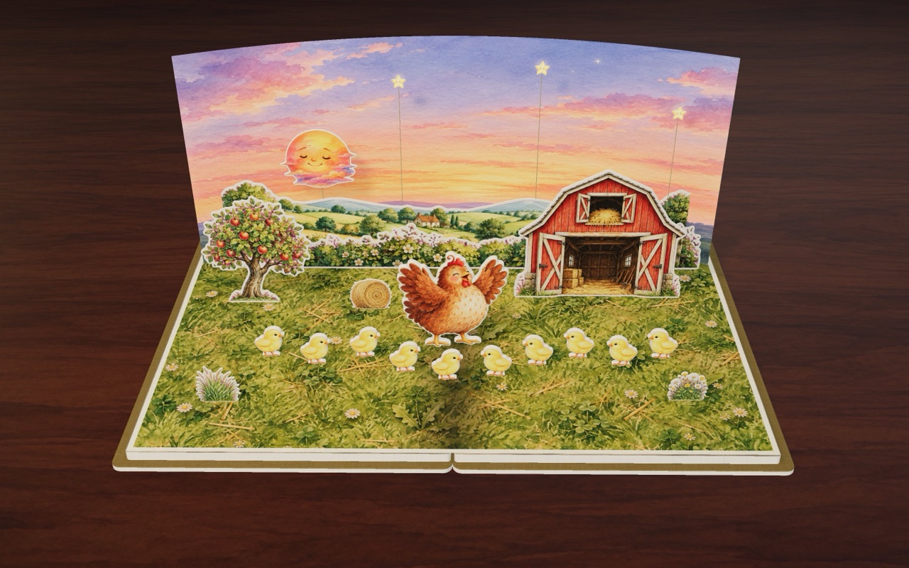 At sunset, Hen stands in the farmyard with her ten little yellow chicks.
