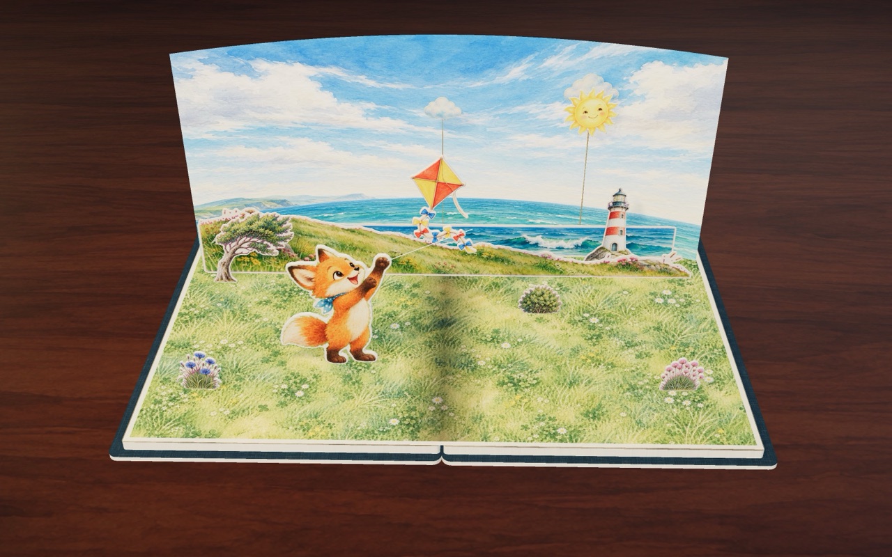 Fifi the little fox flies her kite high over a windy hill by the sea.