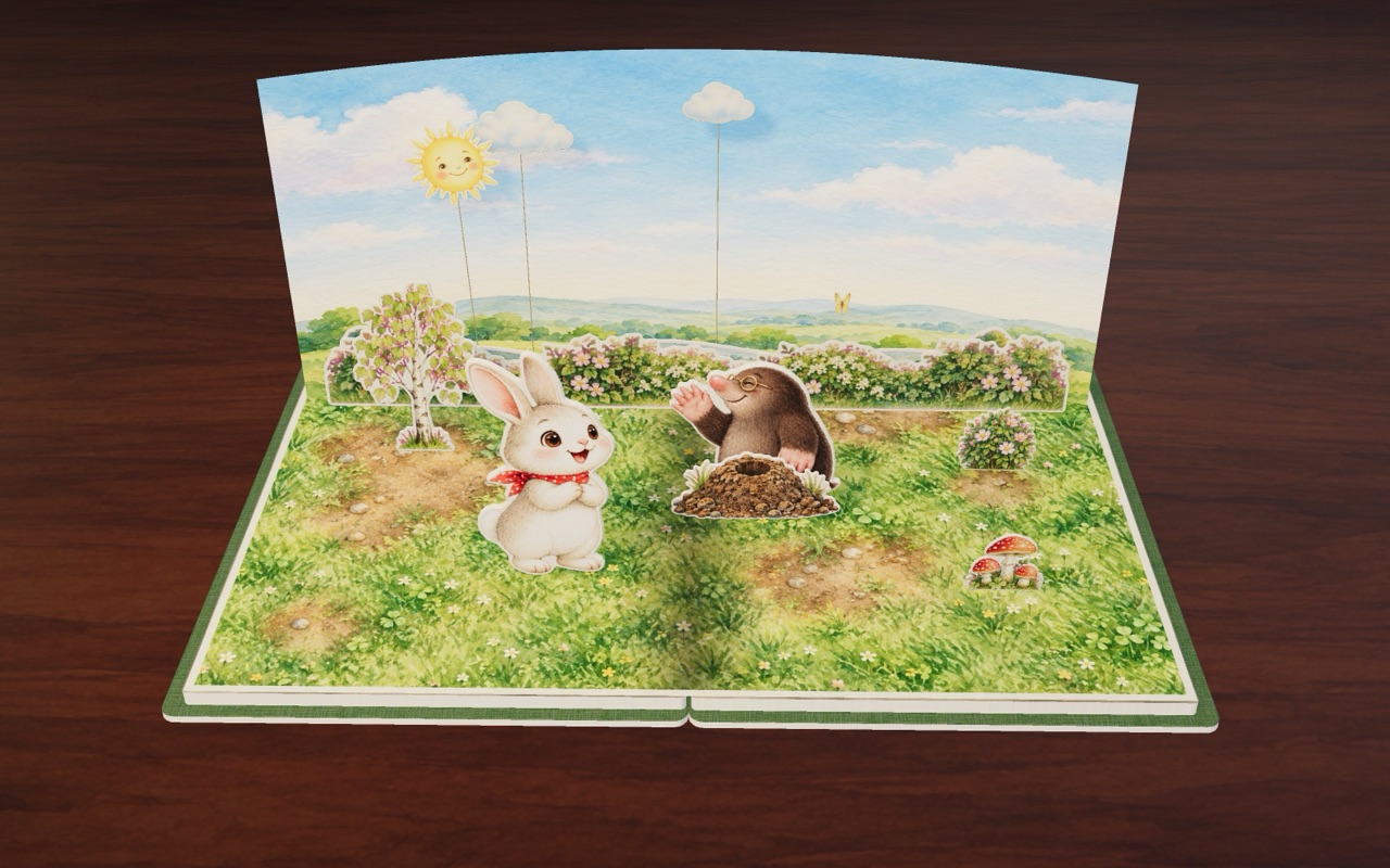 The mole pops out of a molehill and waves to Momo the little bunny in In and Out, Little Bunny.