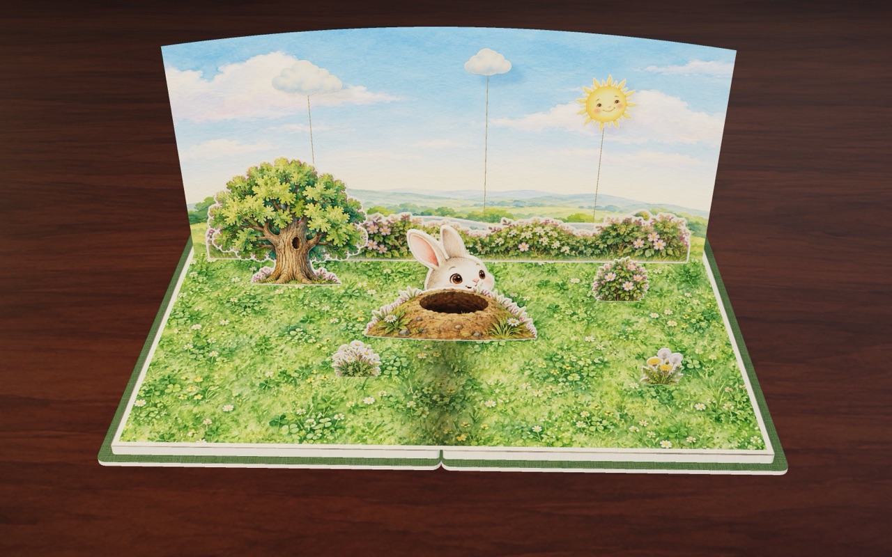 Momo the little bunny looks out of her hole in a spring meadow.
