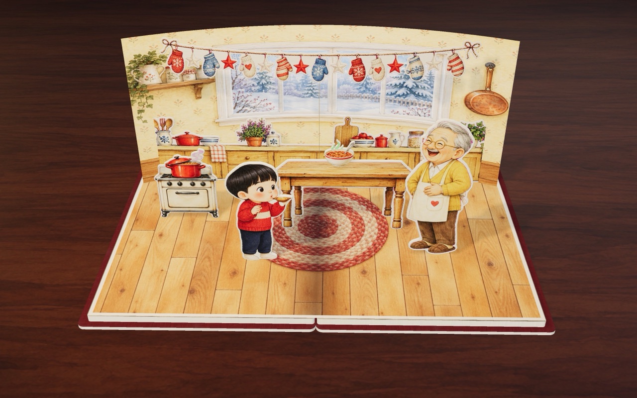 Leo blows on a spoon of hot soup in the cozy kitchen in Hot Soup, Cold Ice.