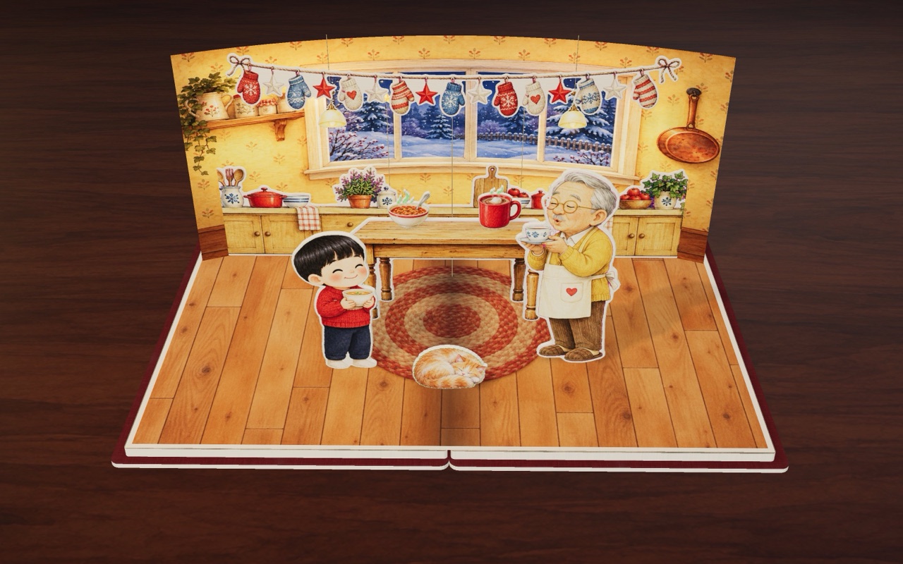 At night, Leo and Grandpa eat hot soup under warm lamps.