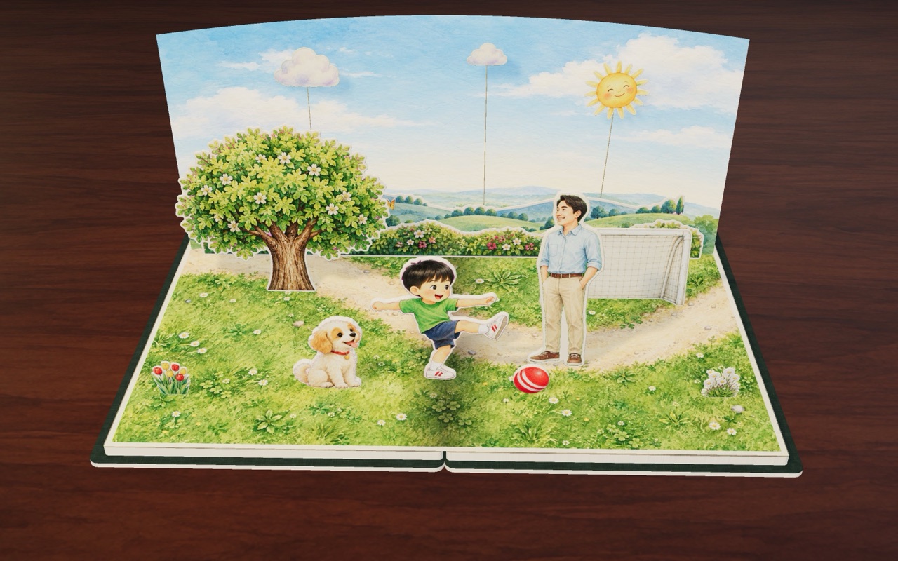 Jun, his dad and a fluffy puppy in a sunny park with a red ball.