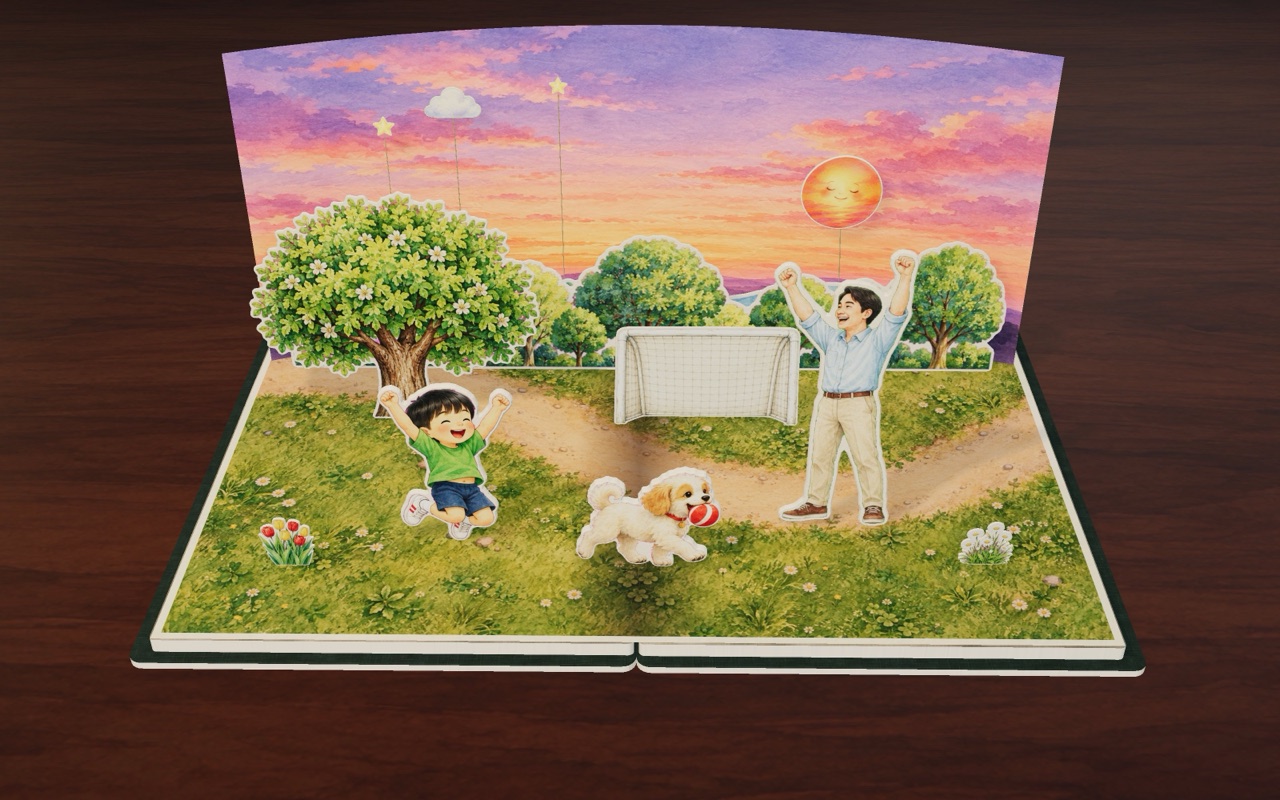 At sunset everyone plays, and the puppy catches the ball.