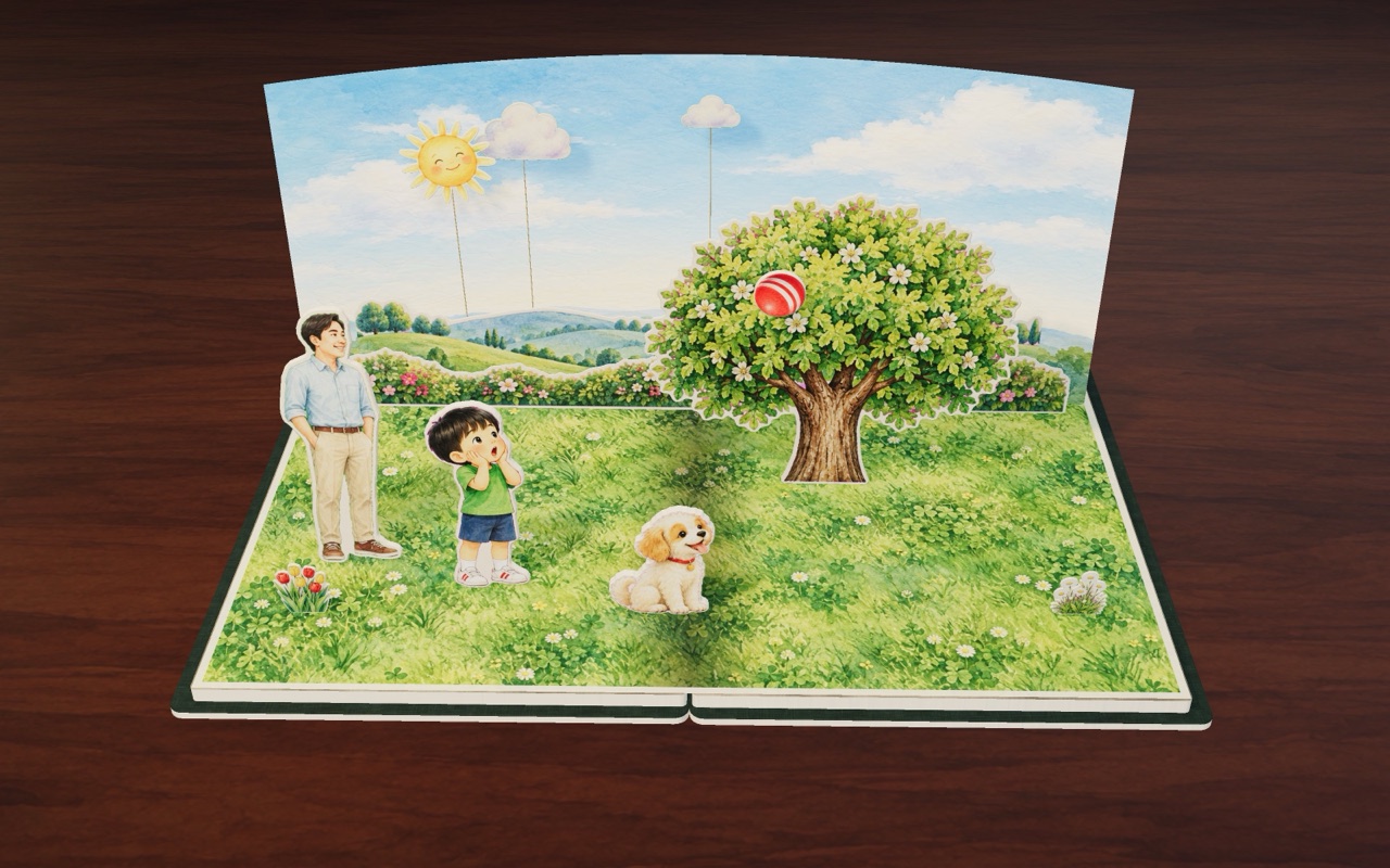 Jun’s red ball is stuck in the big tree in Kick and Throw.