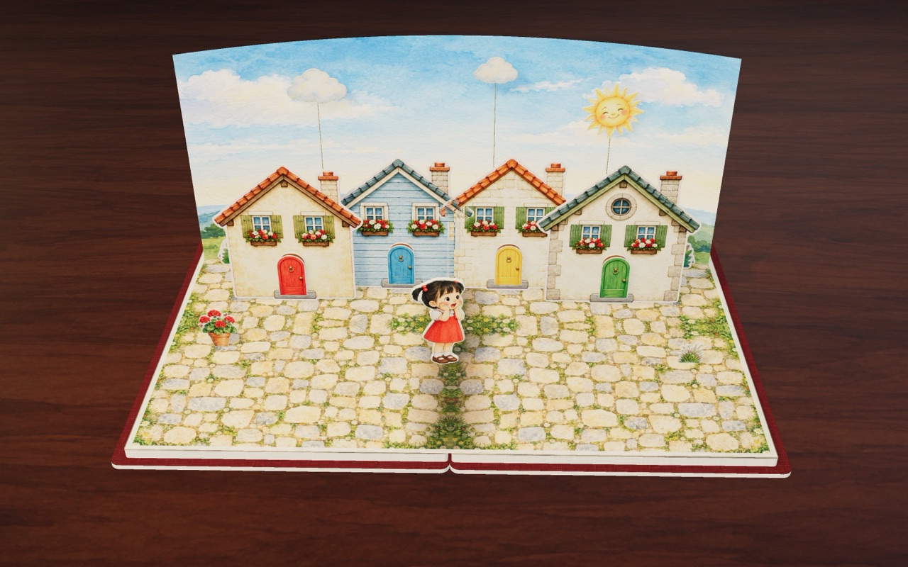 Mimi on her street, where all the doors are shut.