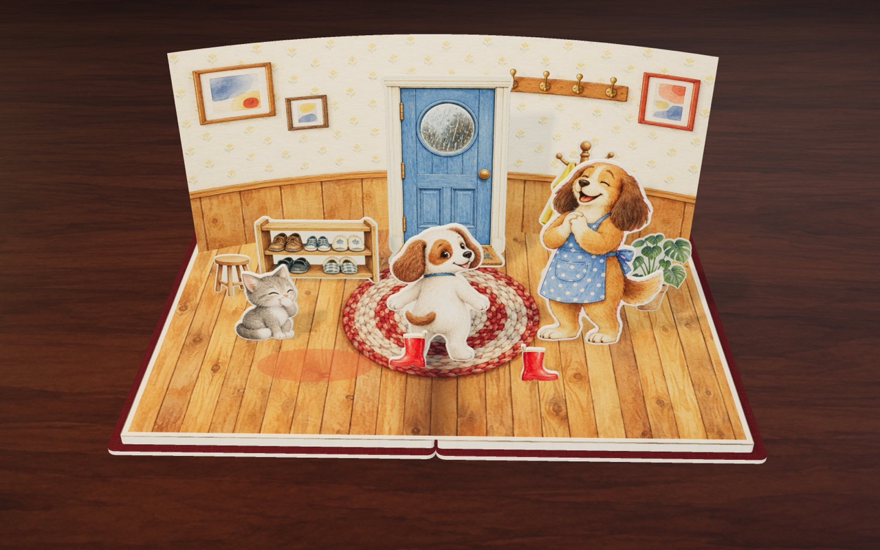 Puppy Pepper stands at the front door: left paw, left boot on, and the right boot is next, in Left Paw, Right Paw.