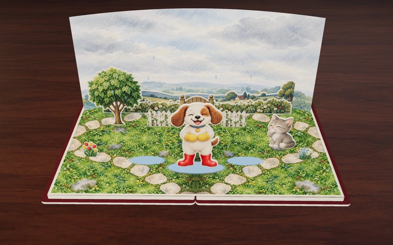 Left, right, left, right: Pepper marches through the puddles in her red boots.