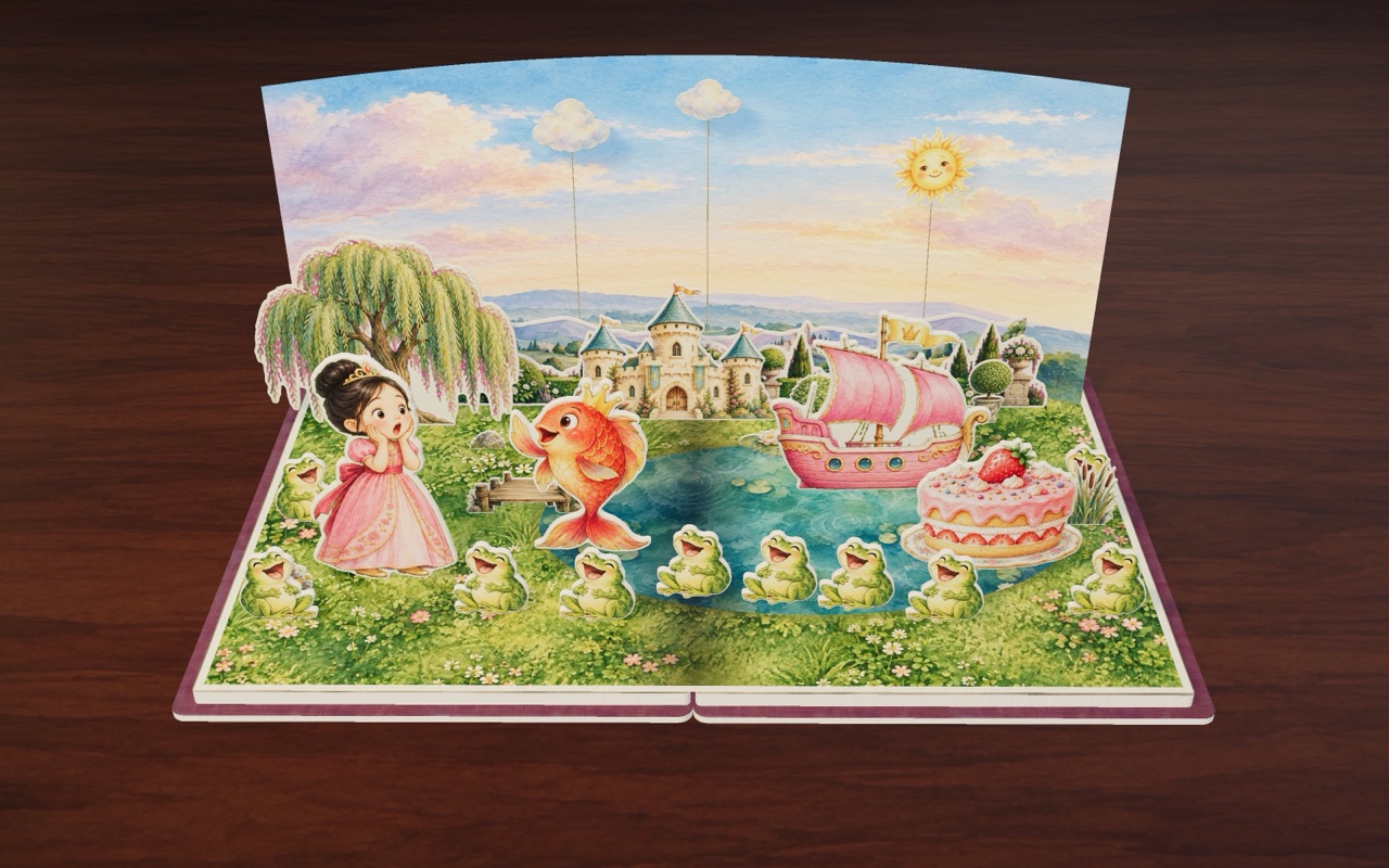 Ten green frogs hop around the pond, the pink ship and the giant snack in Princess Lin’s Wish.