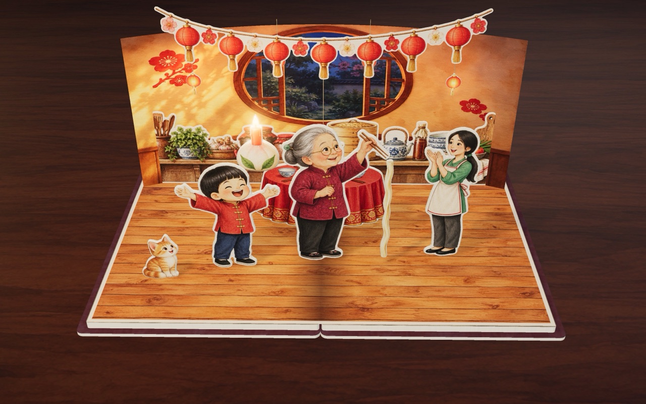 Under glowing red lanterns, Grandma lifts her long birthday noodle.